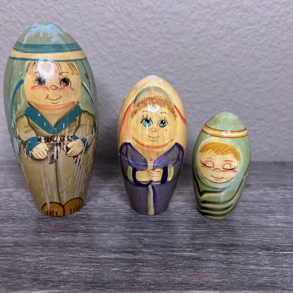 Vintage Wooden 3 Piece Russian Nesting Doll Girl Boy Baby